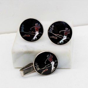 Vintage Golf Player Enamel Cufflinks Tie Clip